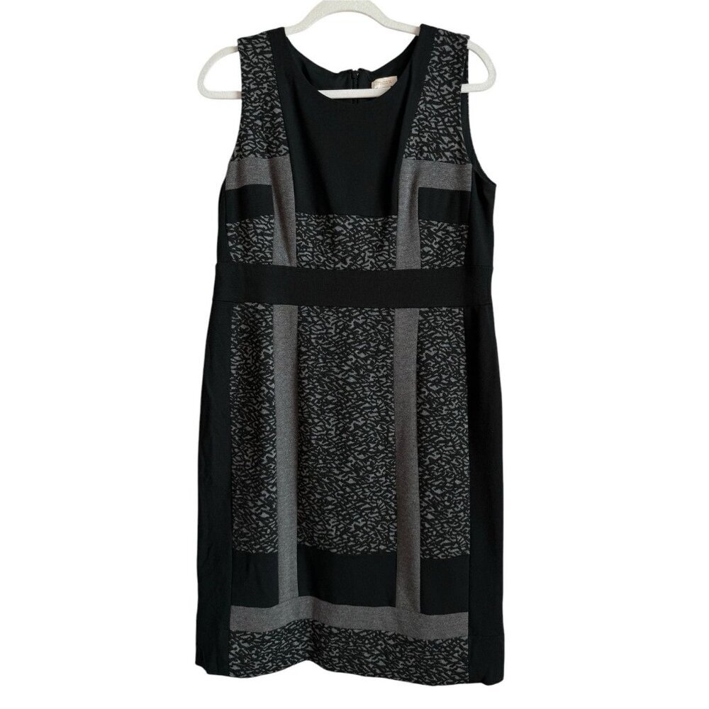 Chico’s Women Gray Black Ponte Pieced Jacquard Jessa Sheath Dress Size M Stretch